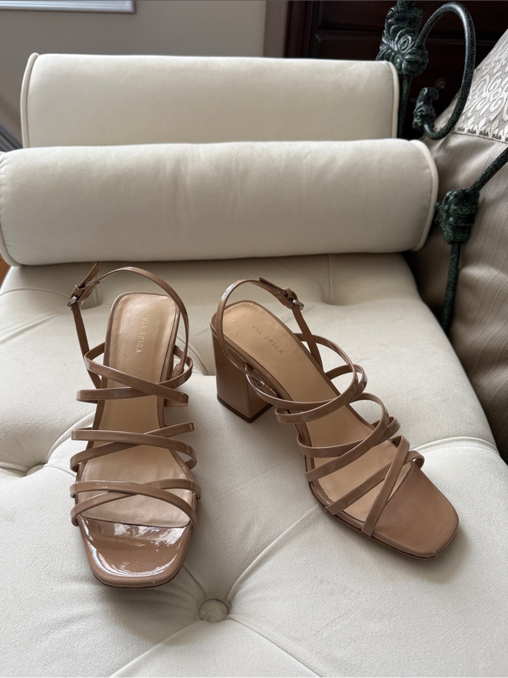 Via Spiga Nude Tan Patent Strappy Block Heel Sandals